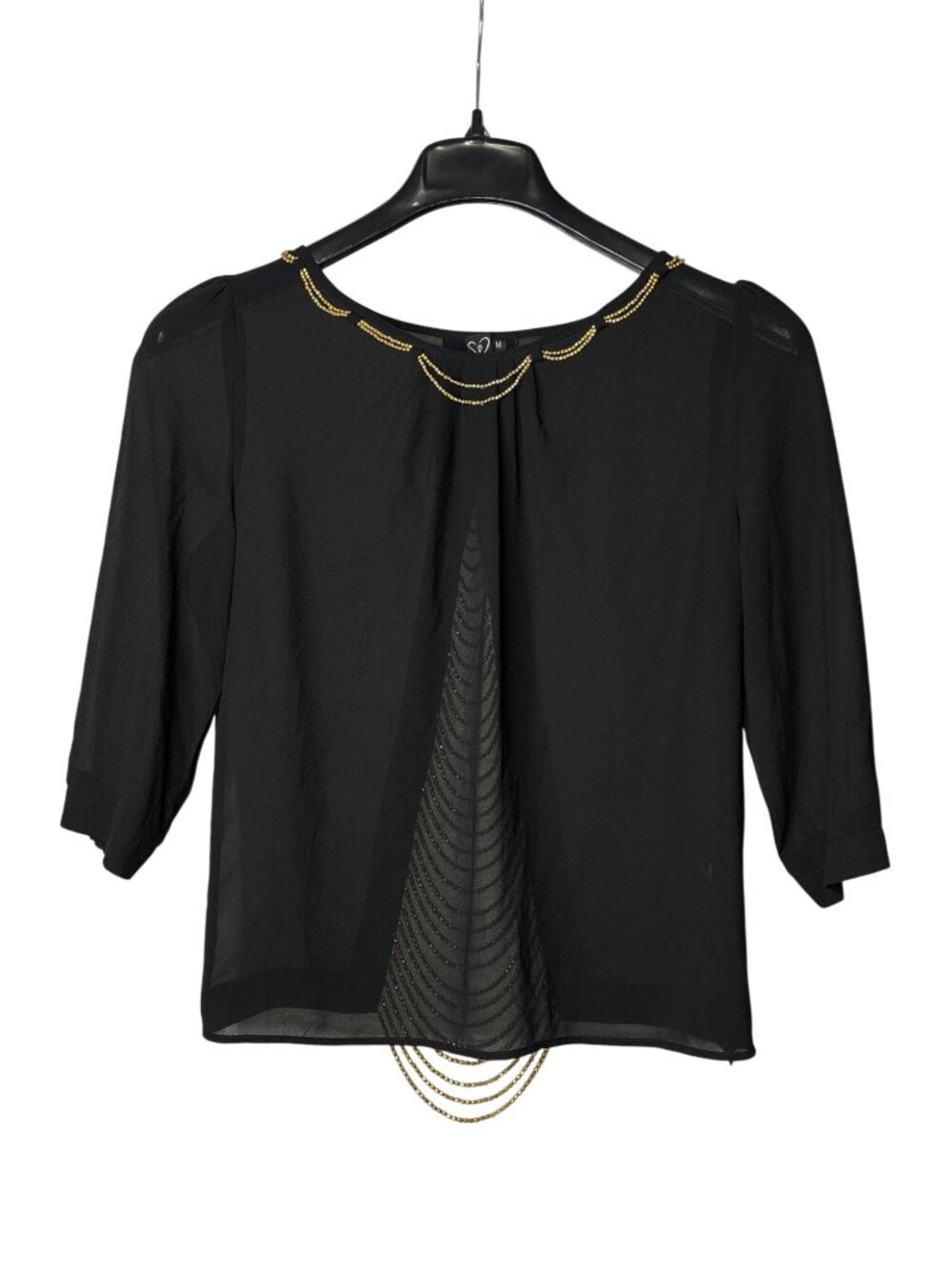 Windsor Top Size M Black Sheer Open Back Gold Beaded Accents Vintage Y2K